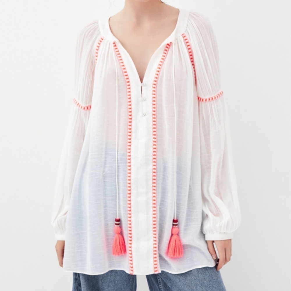 ZARA // embroidered tassle plunge neckline with tie pompom mini dress